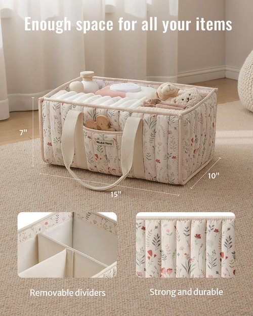 Blissful Diary Floral Diaper Caddy Organizer - Stylish Nursery Storage Basket for Newborn Essentials | Floral Beige