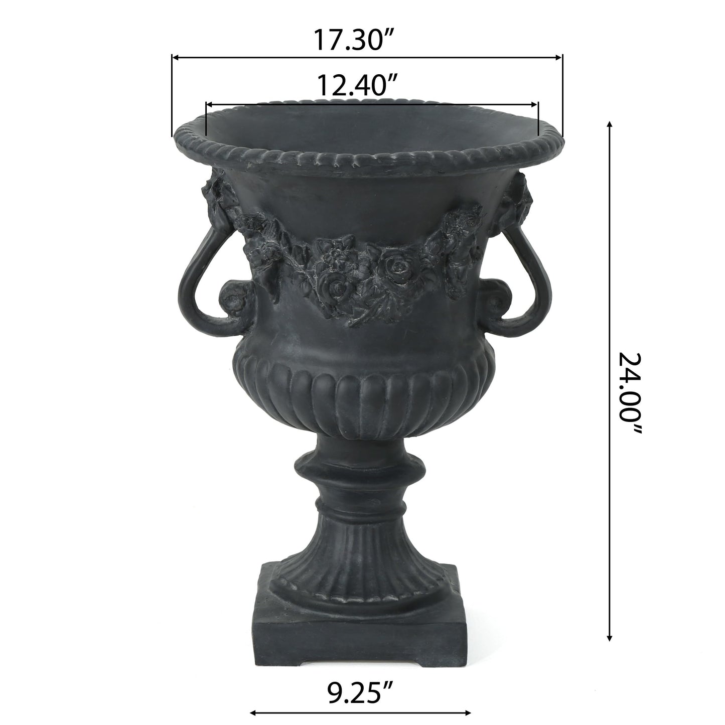 Gubaiao Antique Black Magnesium Oxide Urn Planter, Elegant Decorative Outdoor Garden Patio or Indoor Vase, Ready to Use, 17.3L x 17.3W x 24H Inches
