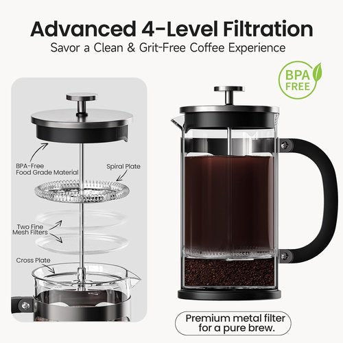 BAYKA French Press Coffee & Tea Maker - 21 Ounce Heat Resistant Borosilicate Glass Brewer | Dark Pewter