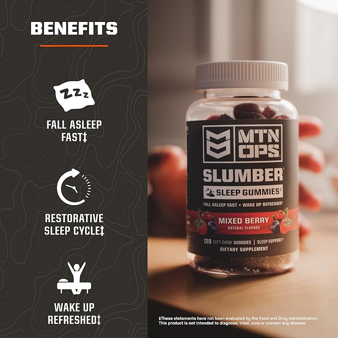 MTN OPS Slumber Sleep Gummies ??60 Servings, Tart Cherry 1000mg, Melatonin 2.5mg, Chamomile, Natural Flavors, Made in USA, Mixed Berry, Nighttime Sleep Aid