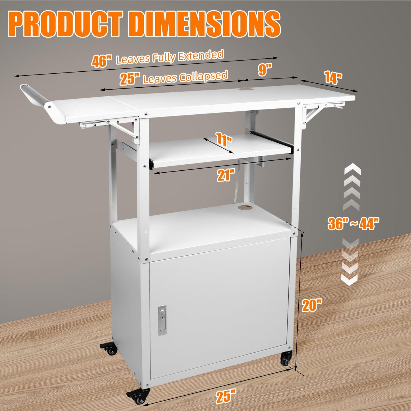 Large Steel AV Cart with Wheels and Drop Leaves, Height Adjustable AV Cart with Locking Cabinet and Power Strips, Rolling Computer Workstation with Pullout Keyboard Tray for Office & Classroom