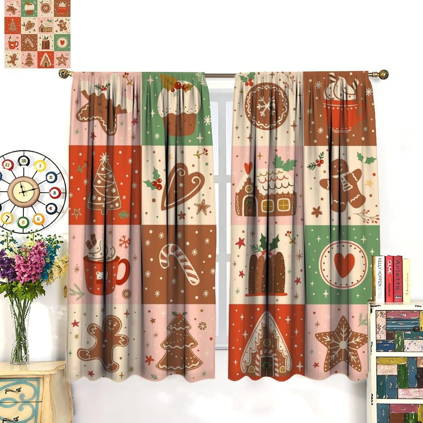 Regine Switzerland Christmas Patchwork Curtains - Hand-Drawn Gingerbread House Design | Winter Holiday Drapes (W20xL45 Inch) - Set of 2