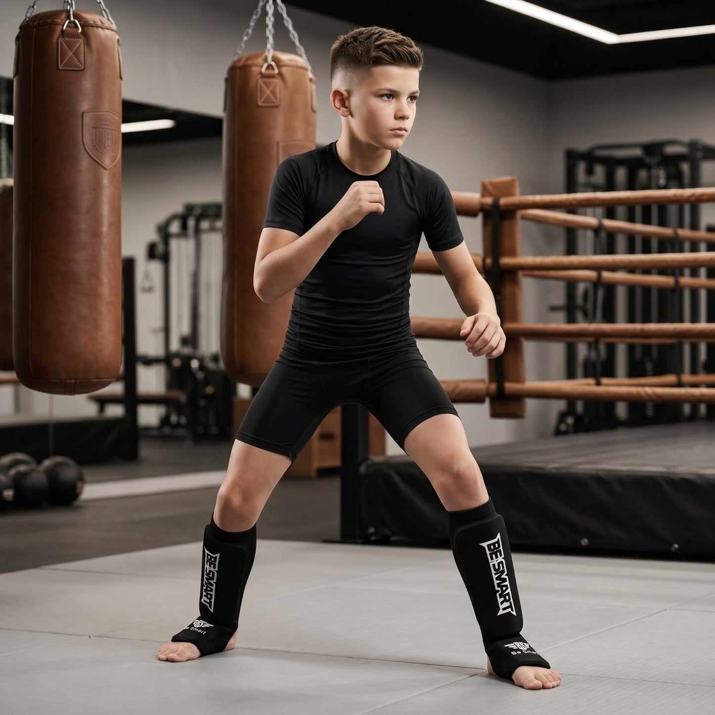 Kids Shin Instep Pads MMA Leg Foot Guards Muay Thai Kick Boxing Guard Protector (Black, XXS (9 to 13 Years))