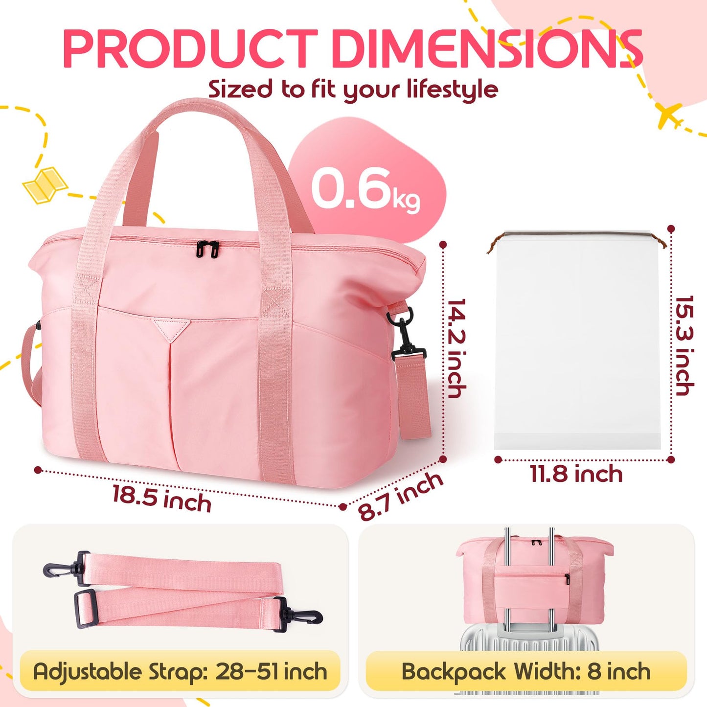 Magimack Duffle Bag for Travel, Carry-on Travel Bag with Trolley Sleeve, Sport Gym Bag for Women, Overnight Bag for Men, Hospital Bag for Labor and Delivery (Pink)