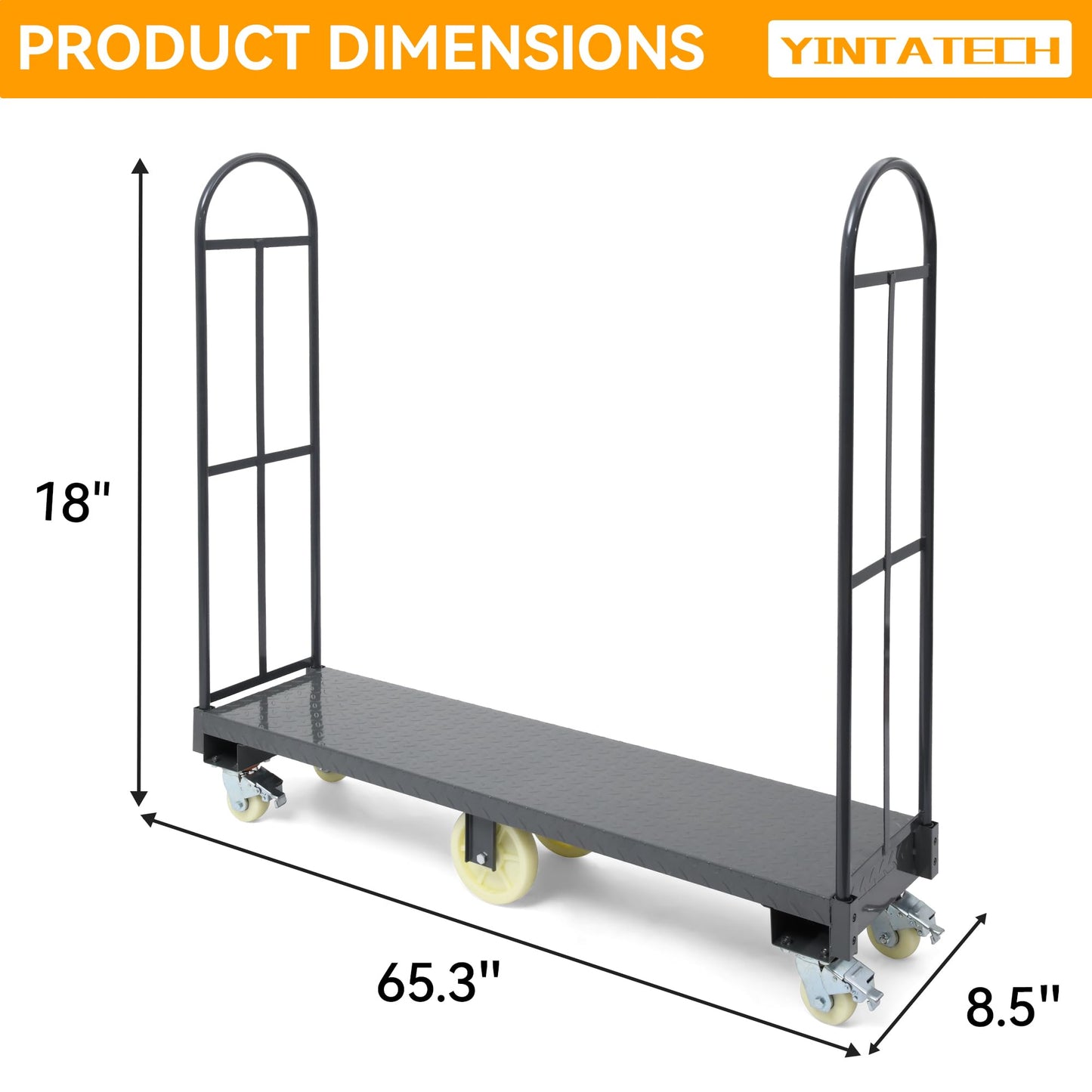 YINTATECH 2000lbs Heavy-Duty U-Boat Cart,63"*15.75"*61.5" U Boat Platform Dolly with 6 Casters(4 Swivel Wheels with Brake & 2 Solid Wheels) for Garage,Warehouse,Household