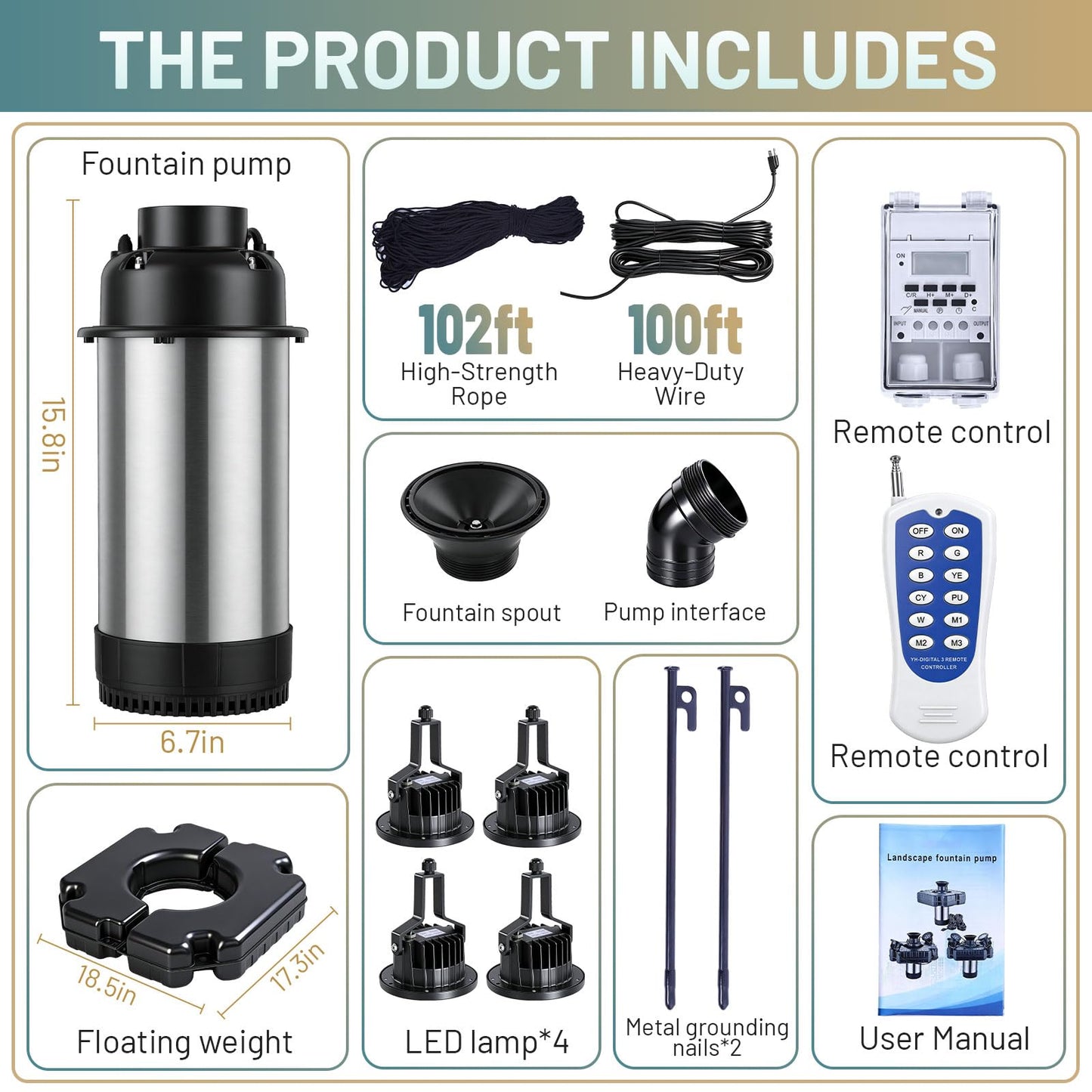 Pond Fountain Aerator with Lights,with 4 RGB Lights,1HP 750W 110V,Stainless Steel Floating Pond Fountain with 100FT Power Cord,Timer,Fixed Nails and Ropes,Pond Fountains for Small Large Ponds,Lakes