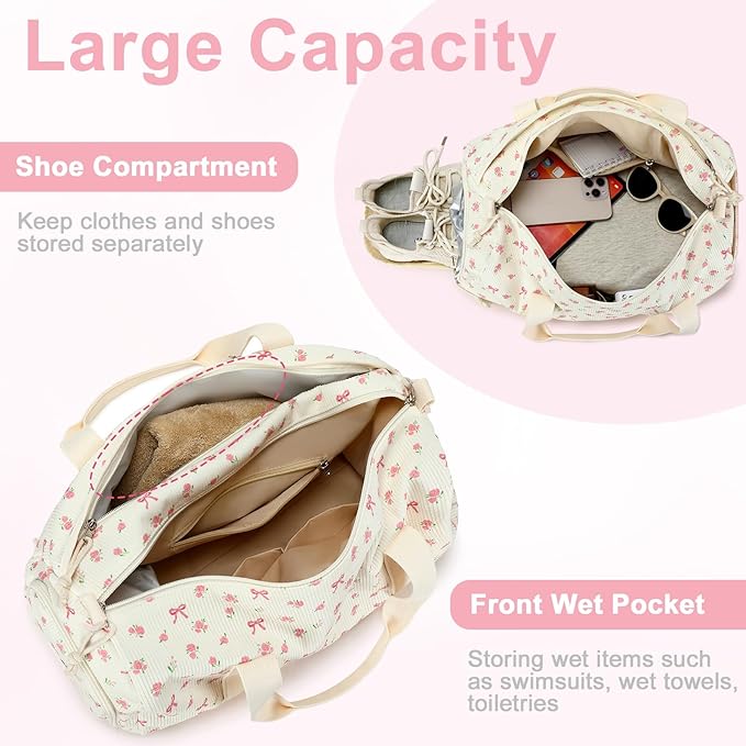 Duffle Bag for Gym Sports Women Girls Workout Travel Bag Weekender with Shoe Compartment and Wet Pocket