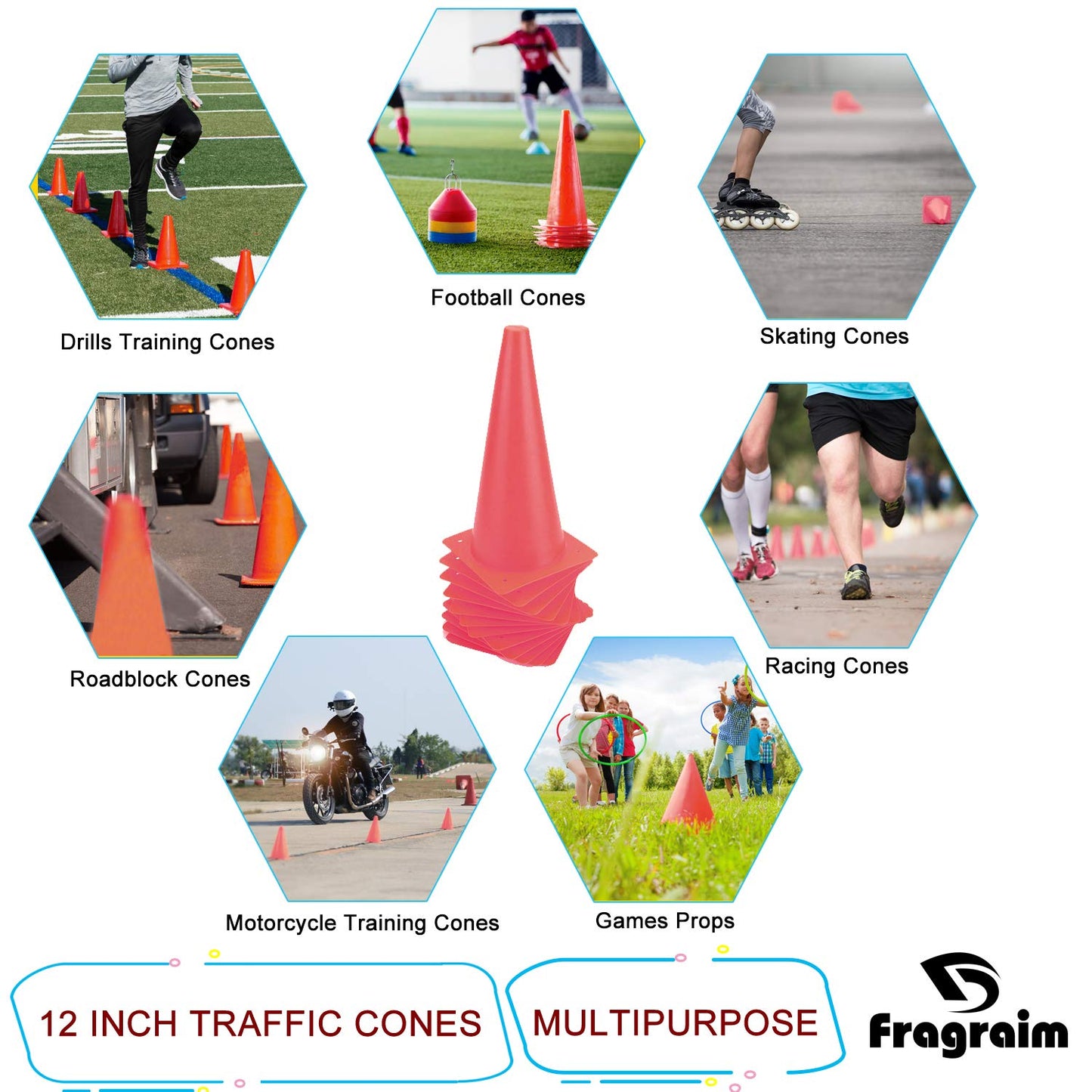 Fragraim 12 Inch Red Traffic Training Cones, Plastic Safety Parking Cones, Agility Field Marker Cones for Soccer Basketball Football Drills Training, Outdoor Sport Activity & Festive Events - 12 Pack