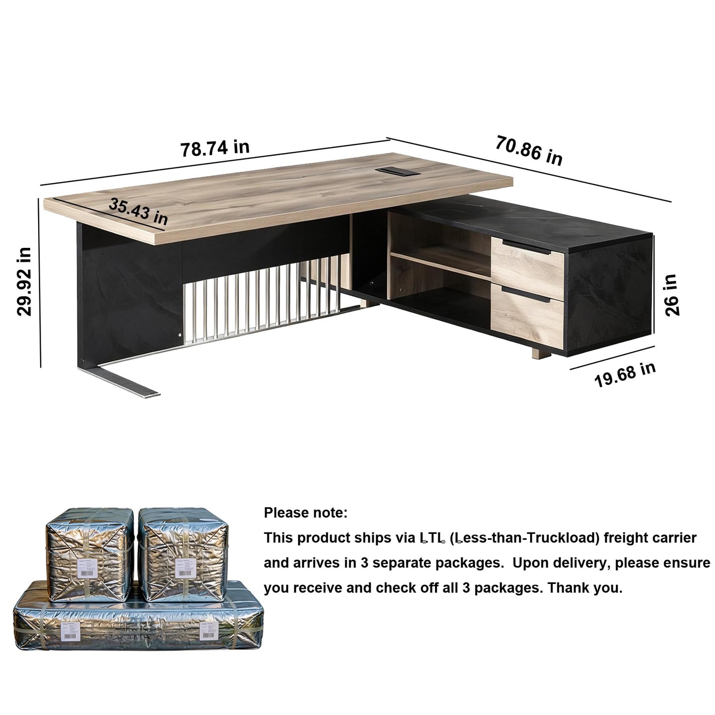 78.7 Inch Large Executive Desk with Drawers Cabinet, L Shaped Office Desk, Computer Desk with Universal Charging Ports and Cable Management for Business Furniture Set Workstation for Home Office