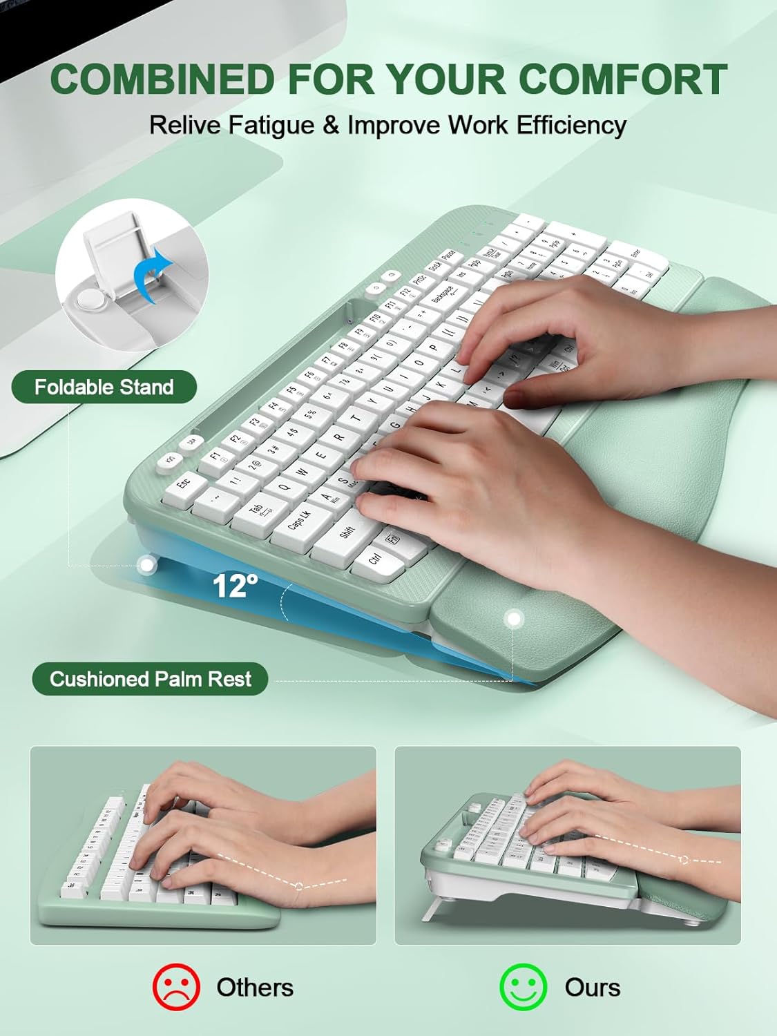 EAYBLLY 2.4GHz Ergonomic Wireless Keyboard with Cushioned Wrist Rest, Wave Keys, Phone Holder, Comfortable Natural