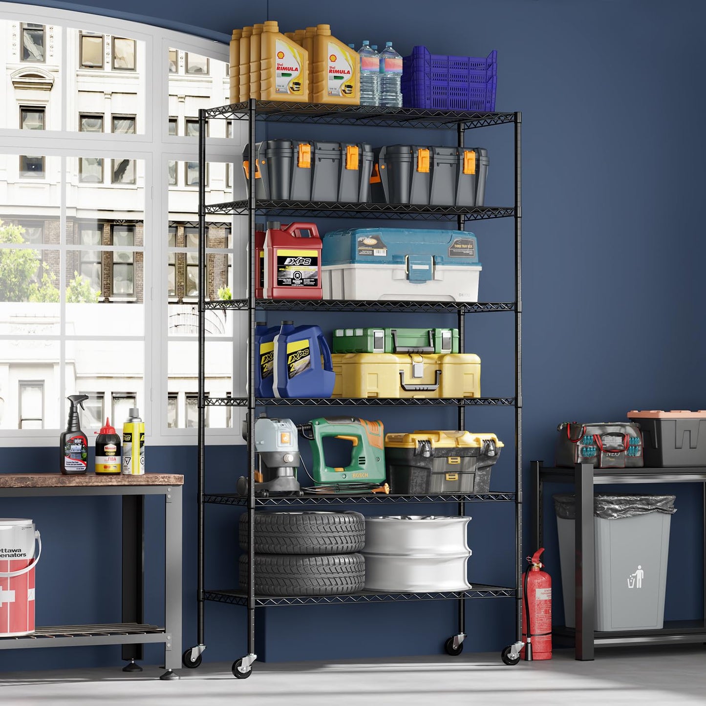 FDW | 6-Tier Wire Storage Shelves with Wheels | 45"x18"x82" | Black | Adjustable Racks | Heavy-Duty Metal Shelf, Holds Upto 2100 lbs | Tool-Free Assembly, Rust-Resistant | for Home & Garage Shelving