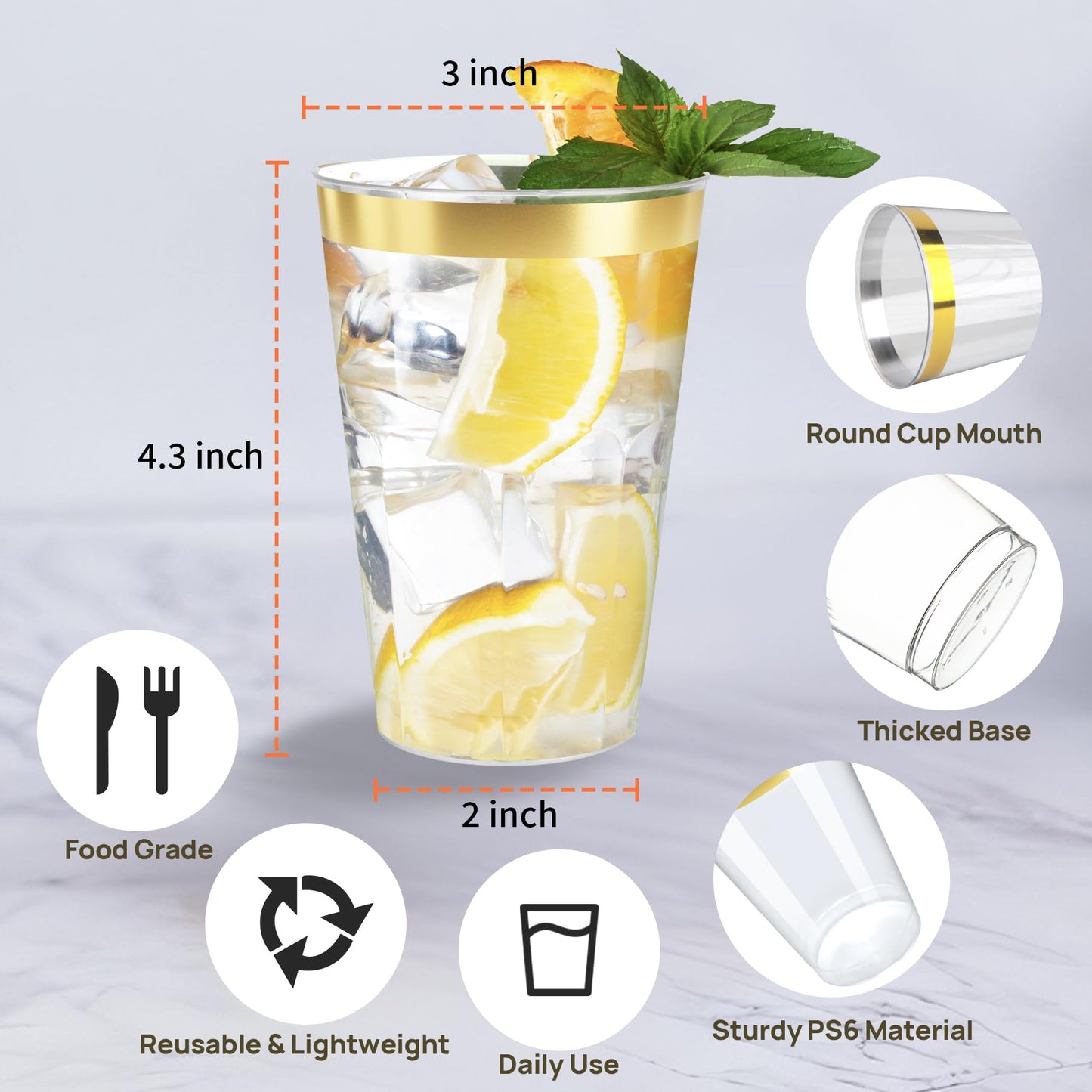 Byvivace 50counts 9 OZ. Disposable Cups Old fashioned Party Tumblers, 9 Ounce Squat Cups Gold Wine Glasses Hard Plastic Cups with Gold Rim