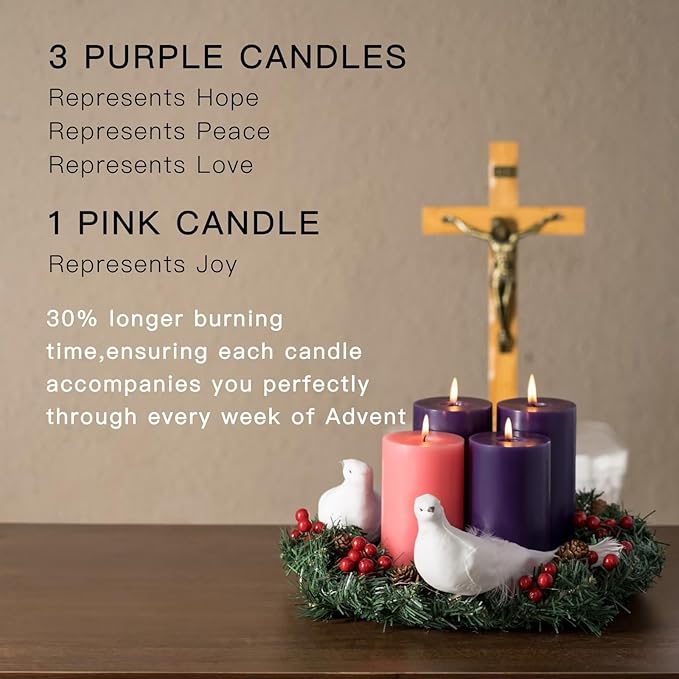 MOZEAL 3" x 8" Hand-Poured, Unscented Pillar Candles. Each Offers Approx 150 Hours of Clean, Long-Lasting Burn Time. Dripless Candles Set of 4, Ideal for Advent Wreath