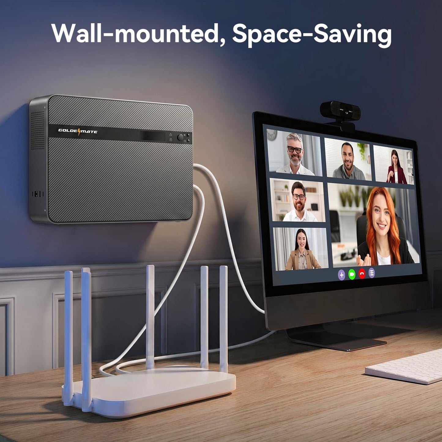 GOLDENMATE 1500VA/1000W Lithium UPS Battery Backup & Surge Protector, LiFePO4 Backup Battery(230Wh), Sinewave UPS with 8 Outlets & 2 USB Ports, Built-in Emergency Light, Wall Mount, LCD Display