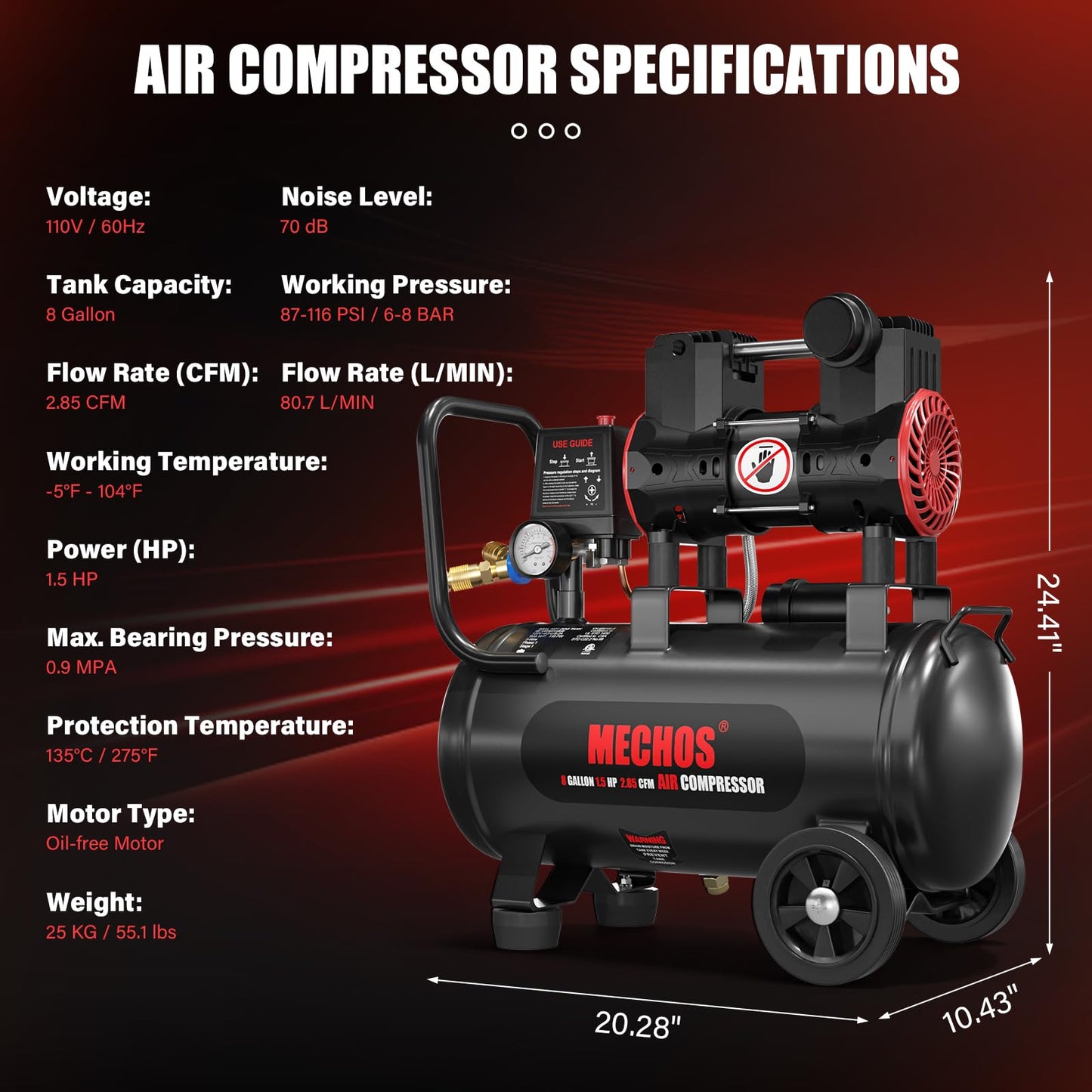 Portable Air Compressor with 8 Gallon Steel Tank, 1.5 HP 2.85 CFM @ 90 PSI, 116 Max PSI Oil-Free Air Compressor for Garage, Home Use, Tire Inflation, Nail Gun, DIY Projects,110V