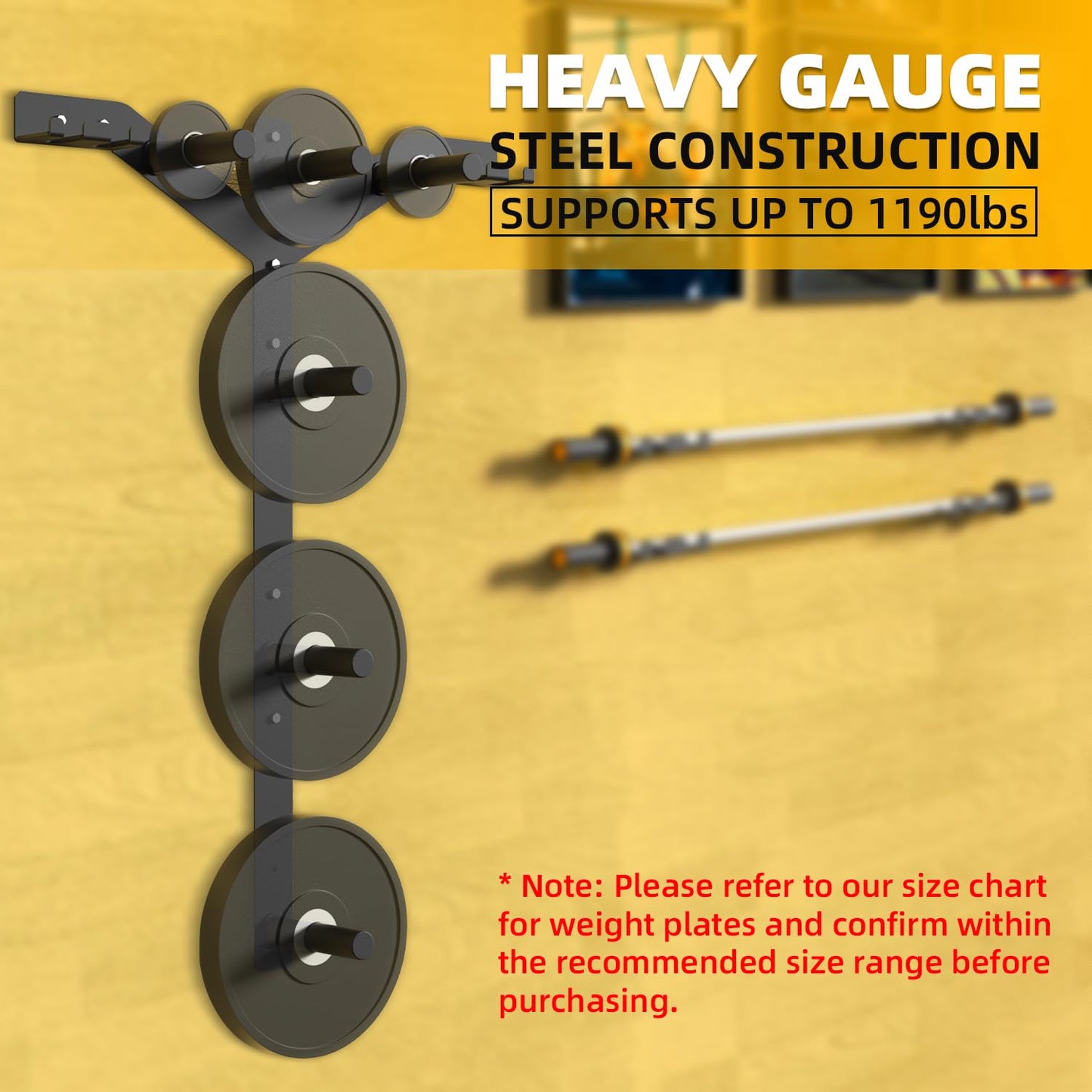 Wall Mounted Weight Plate Rack, 6 Pegs & 4 Barbell Storage Rack, 1190 LBS Capacity Weight Plate Holder, Wall Mounted Bumper Plate Storage for Home Garage Gym, Fit 2" Olympic, Rubber Protection Pads