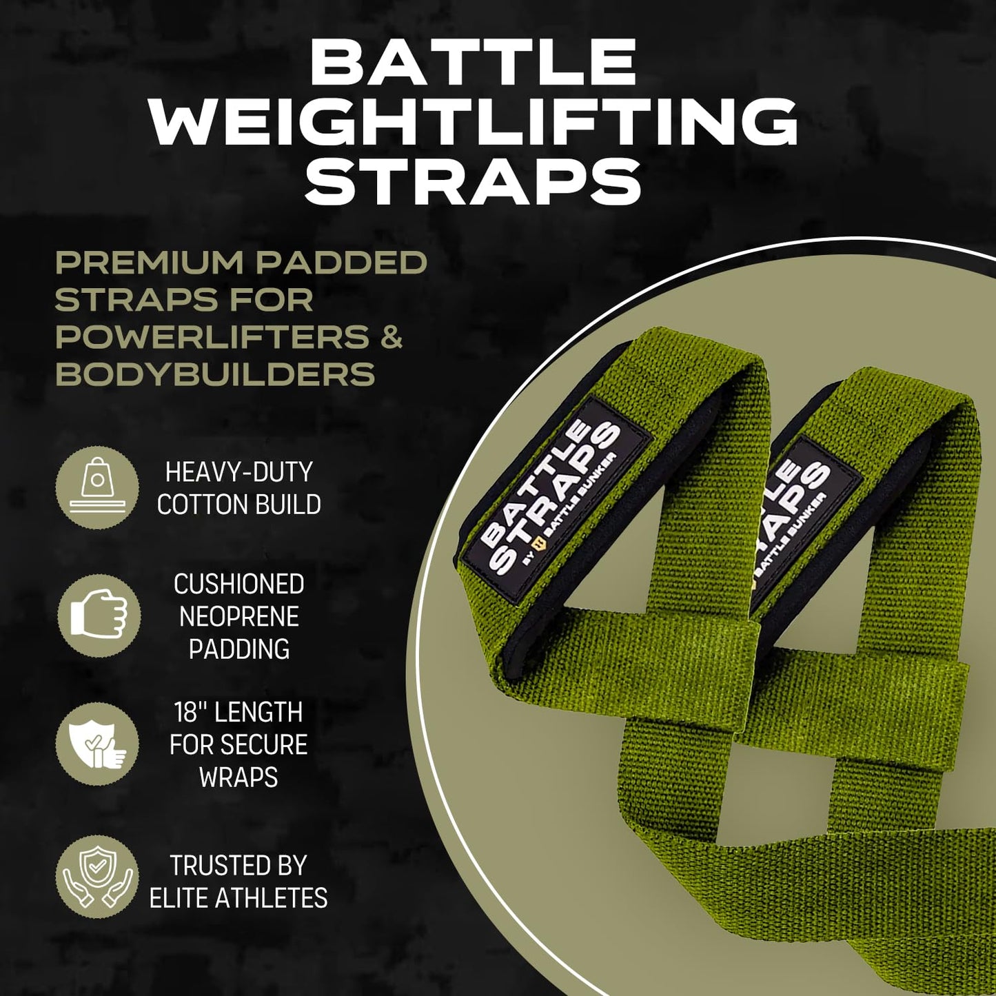 Battle Bunker Weightlifting Straps- Premium Padded Lifting Strap for Superior Grip & Comfort- Gym Straps for Deadlifts, Rows & Pull-Ups- Boost Strength & Reduce Grip Fatigue for Bodybuilding