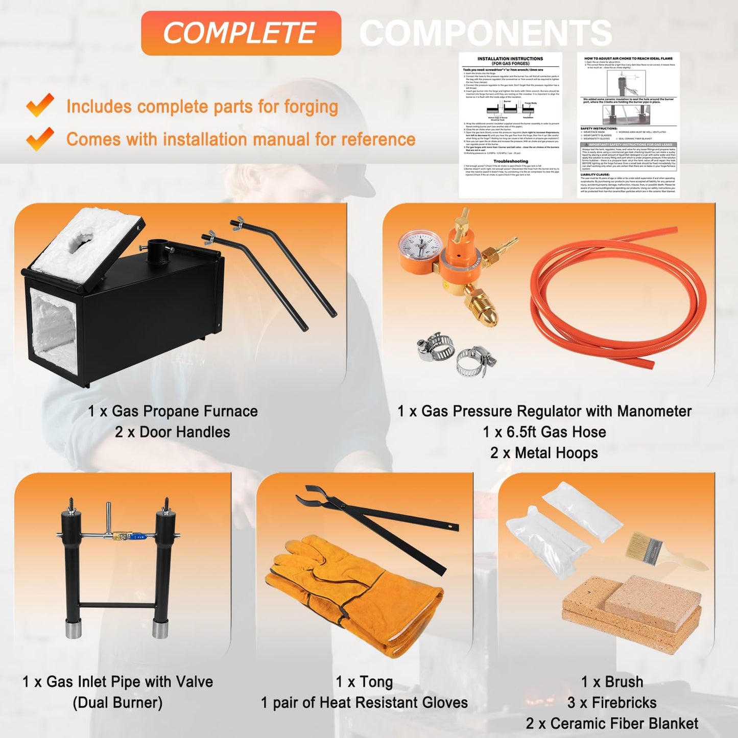 Bonbo Propane Gas Forge Double Burner 2700°F/1482°C, Portable 2-Door Square Forging Furnace for Blacksmithing, Knife Making, Tools & Equipment Forging, Large Capacity Deluxe Kit with Tong & Gloves
