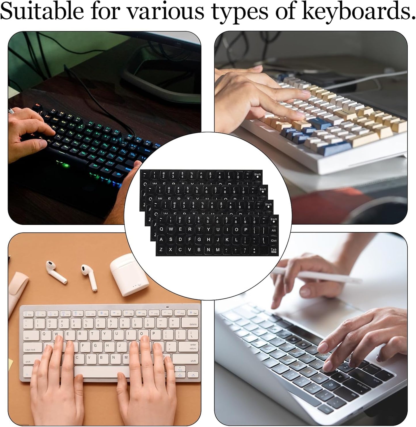 Larrel 4PCS Universal English Keyboard Stickers, Replacement English Keyboard Stickers with Black Background and White