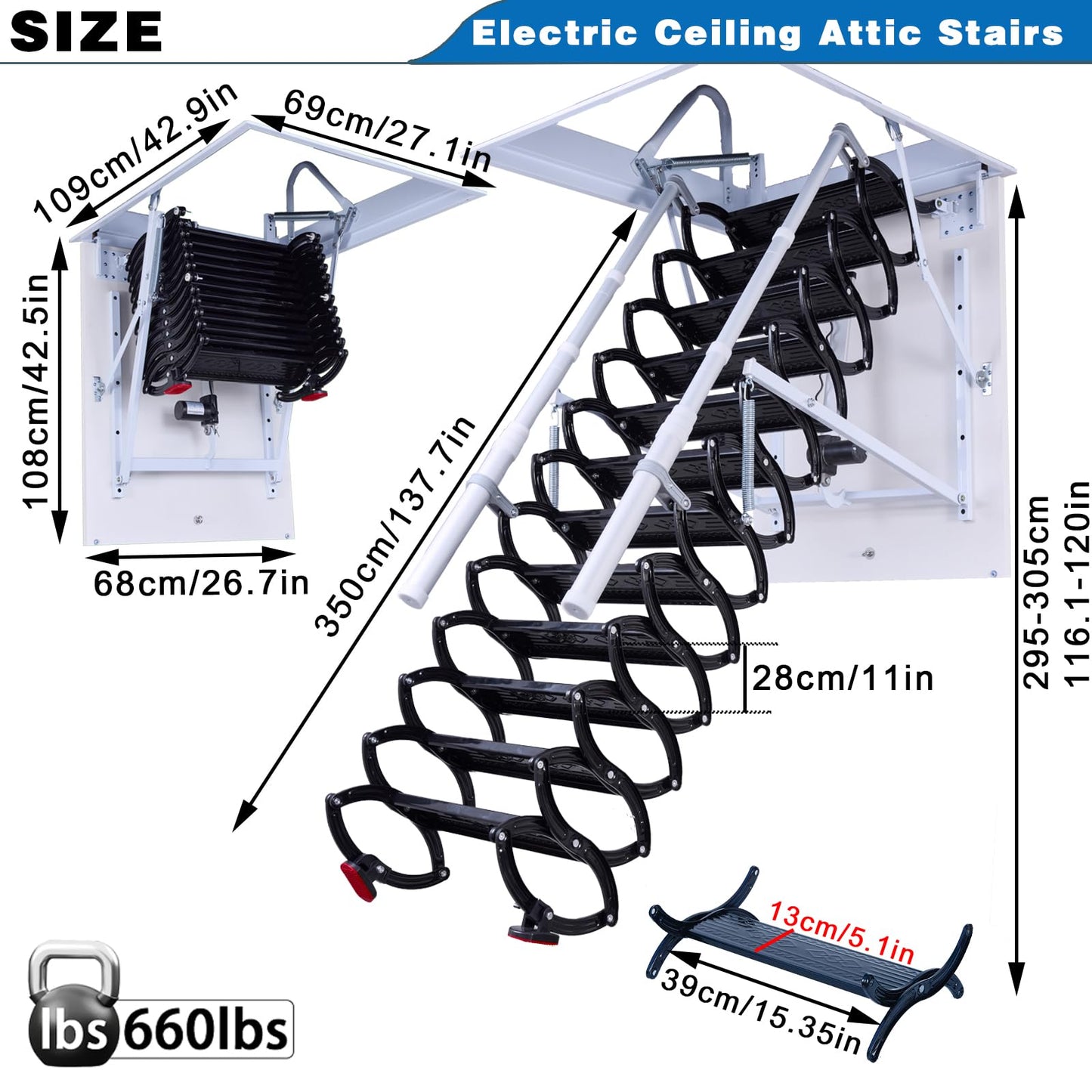 12 Steps Electric Attic Ceiling Ladder, Retractable Pull Down System Attic Stair, Invisible Folding Ceiling Loft Ladder with Telescoping Handrail, Extension Steps Staircase for Home (White, Steps 12)