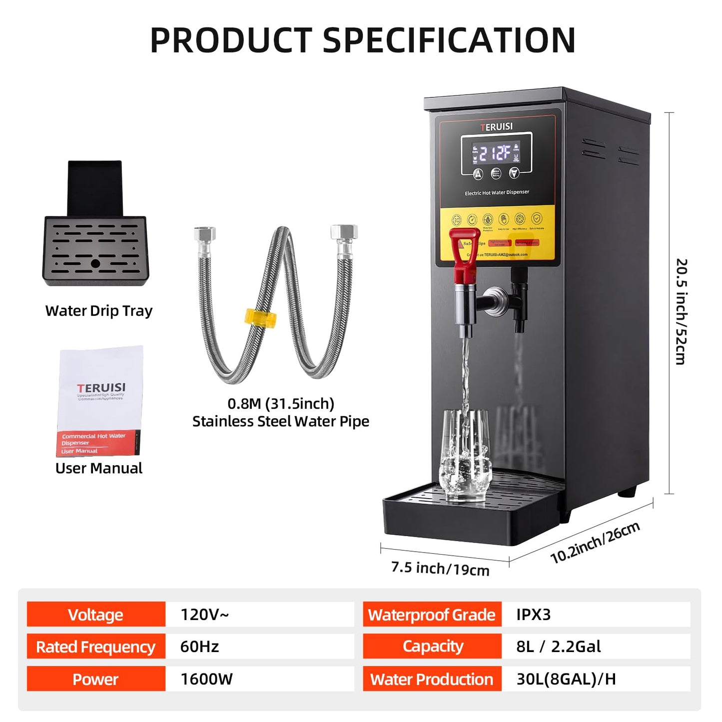 TERUISI Commercial Hot Water Dispenser, 1600W Electric Water Boiler Countertop, 30L(8Gal)/H Step-Heating Stainless Steel Water Dispenser with 86°F-212°F Temperature Control for Office Bars Hotel, 8L