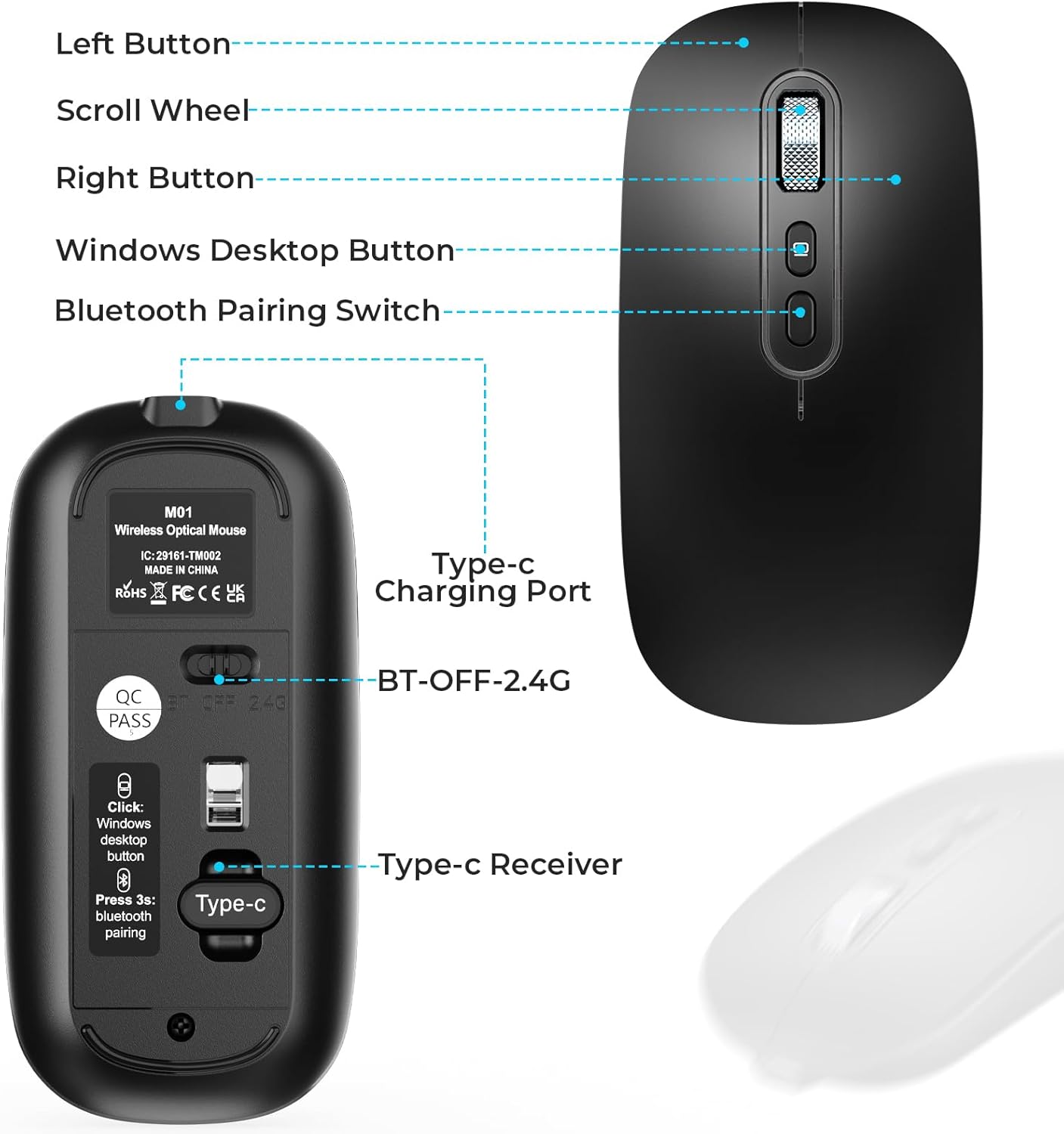 RaceGT USB C Wireless Mouse, Rechargeable Dual-Mode Mouse(Type-c and Bluetooth), Silent Bluetooth Mice for MacBook