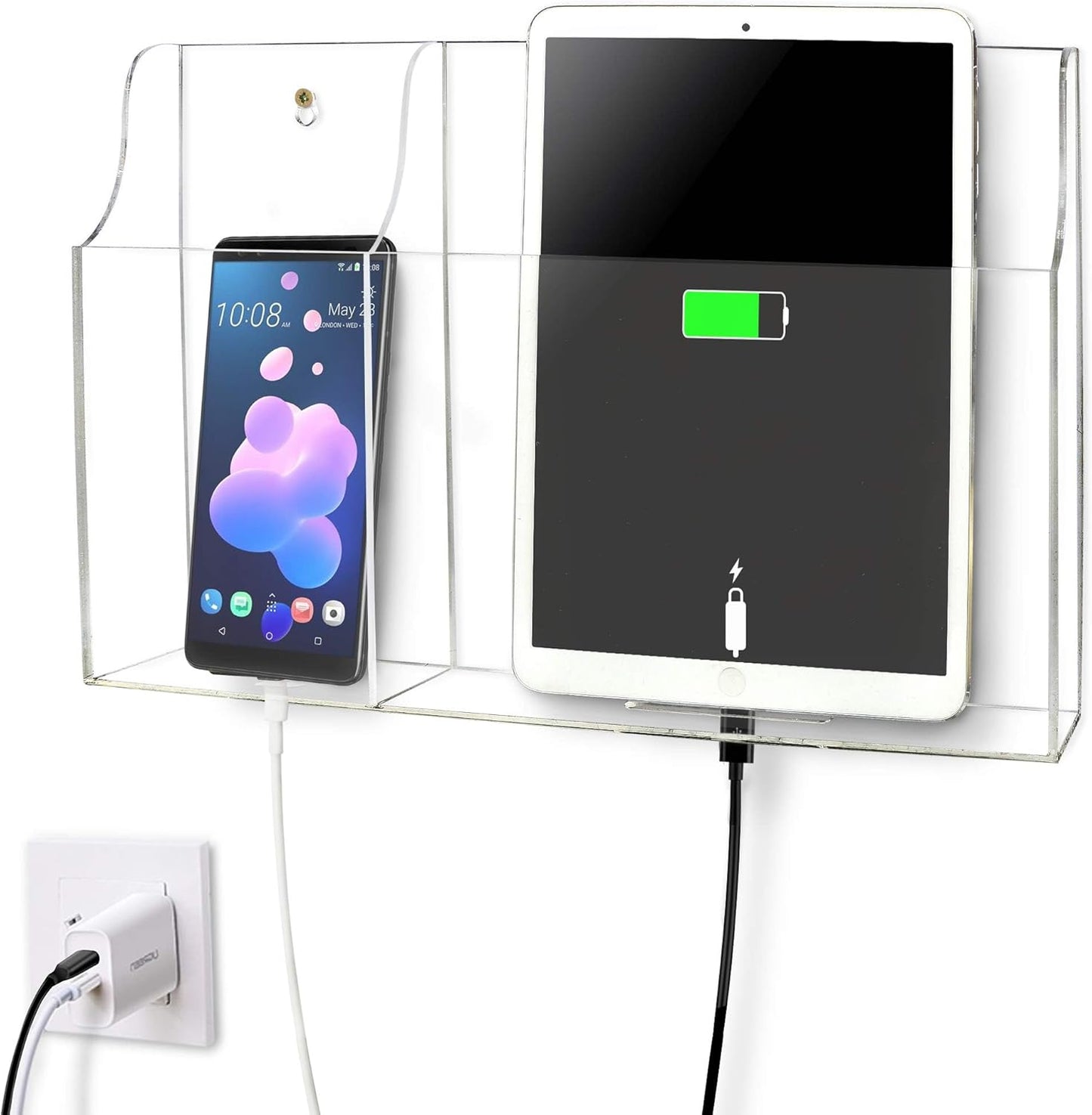 Yoillione 2 2.0 Wall Mount Tablet and Phone Charging Stand for Tablet, Smartphone, E-Book, Slots Remote Control Holder