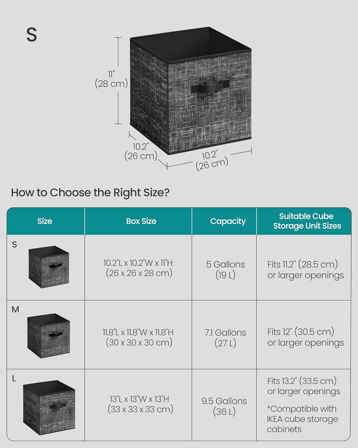 SONGMICS Storage Cubes - Foldable Non-Woven Fabric Bins with Double Handles | Set of 10, Ink Black, 10.2 x 10.2 x 11 Inches