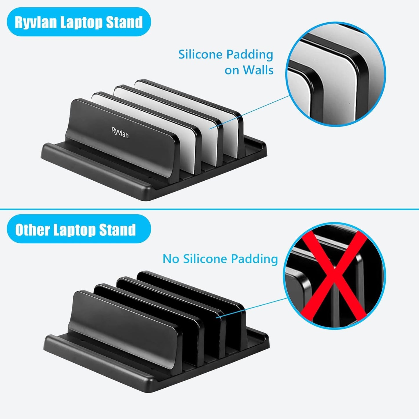 Ryvlan 3 17 Inches Vertical Laptop Stand, Slot Adjustable Laptop Storage Rack and Desk Organizer, Silicone-Padded
