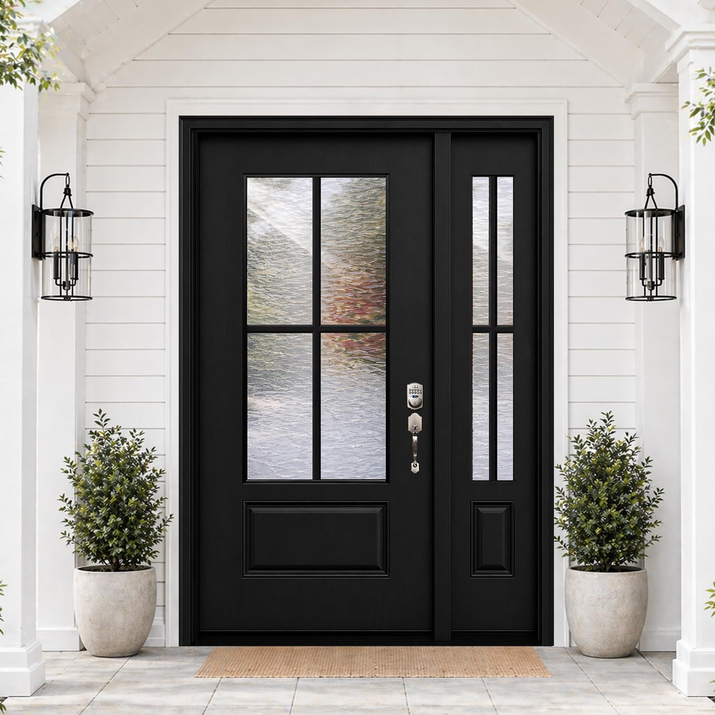 53x80in Fiberglass Front Door with 14in Sidelight, Black Exterior Entry Door for Home, Left-Hand Inswing, Textured Finished with Hammered Glass Knock-Down Door, Vinyl Frame and Brickmould Included