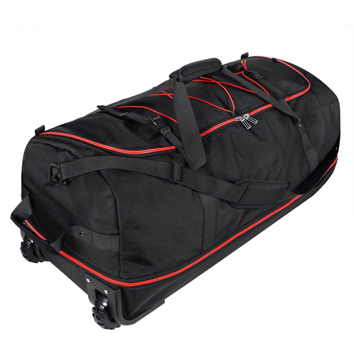 Morthanabag 32” 1680D Oxford Foldable Duffle Bag with 2 Wheels,110L to 140L Expandable Soft Sided Rolling Travel Bag,Black-red