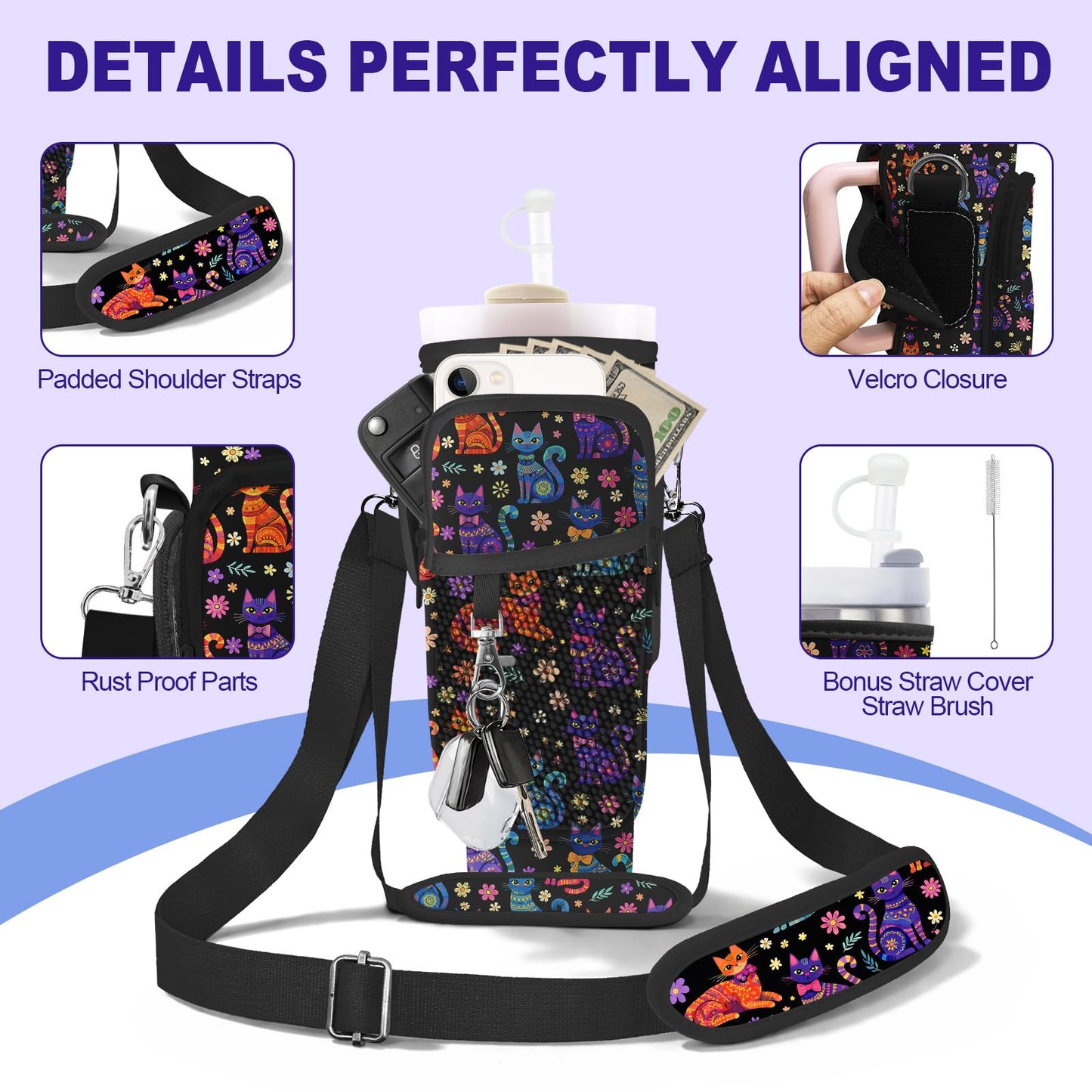 WOHAXAHOW Cat Stanley Water Bottle Bag with Adsjust Strap for 30/40 Oz Tumbler, Water Bottle Carrier with 3 Pockets, Cleaning Brush & Straw Cover, Stanley Cup Carrier Bag for Walking, Gym, Yoga
