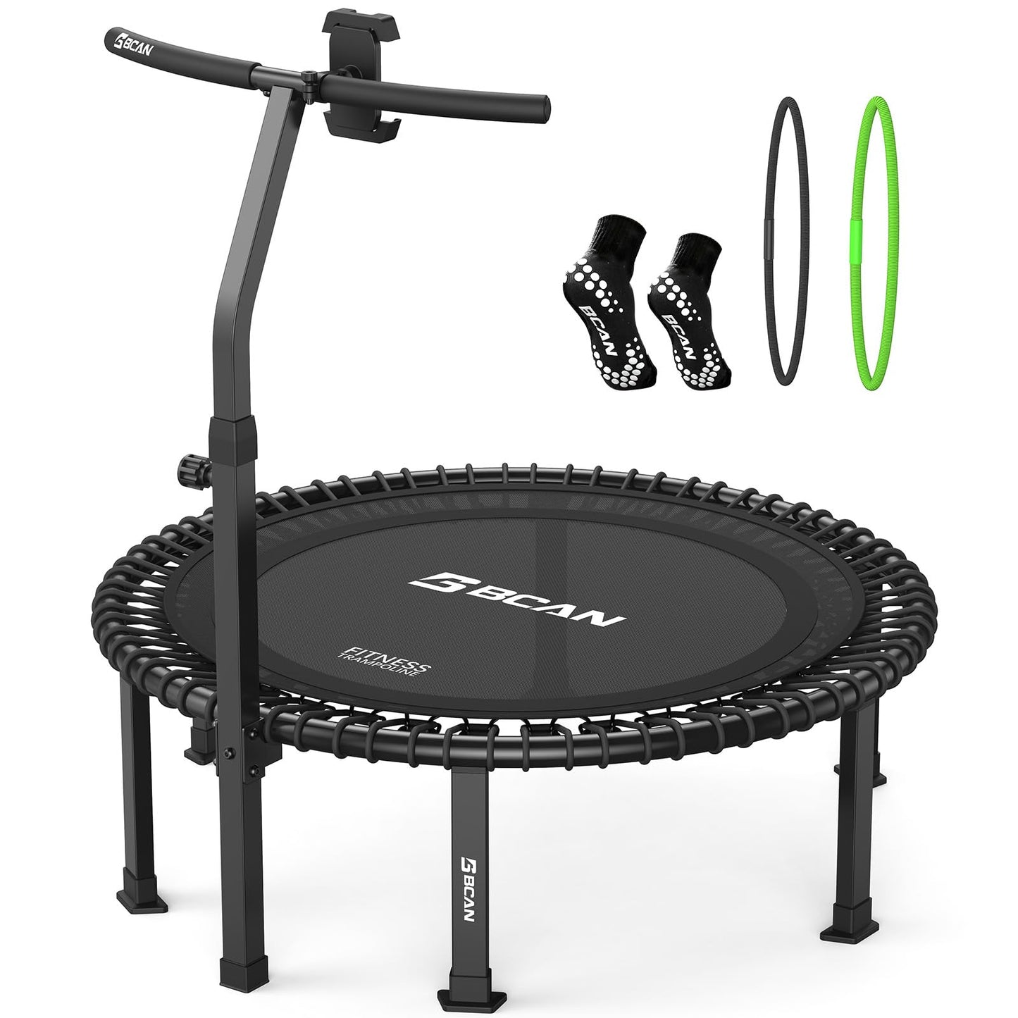 BCAN BT4 40" Soft Land Pro Adult Bungee Rebounder Trampoline, 500lb Capacity, Adjustable Tension Bungees, One-Piece Frame (16 Gauge), Quiet Indoor Cardio w/Handle, Phone Holder & 2 Pairs Socks, Black