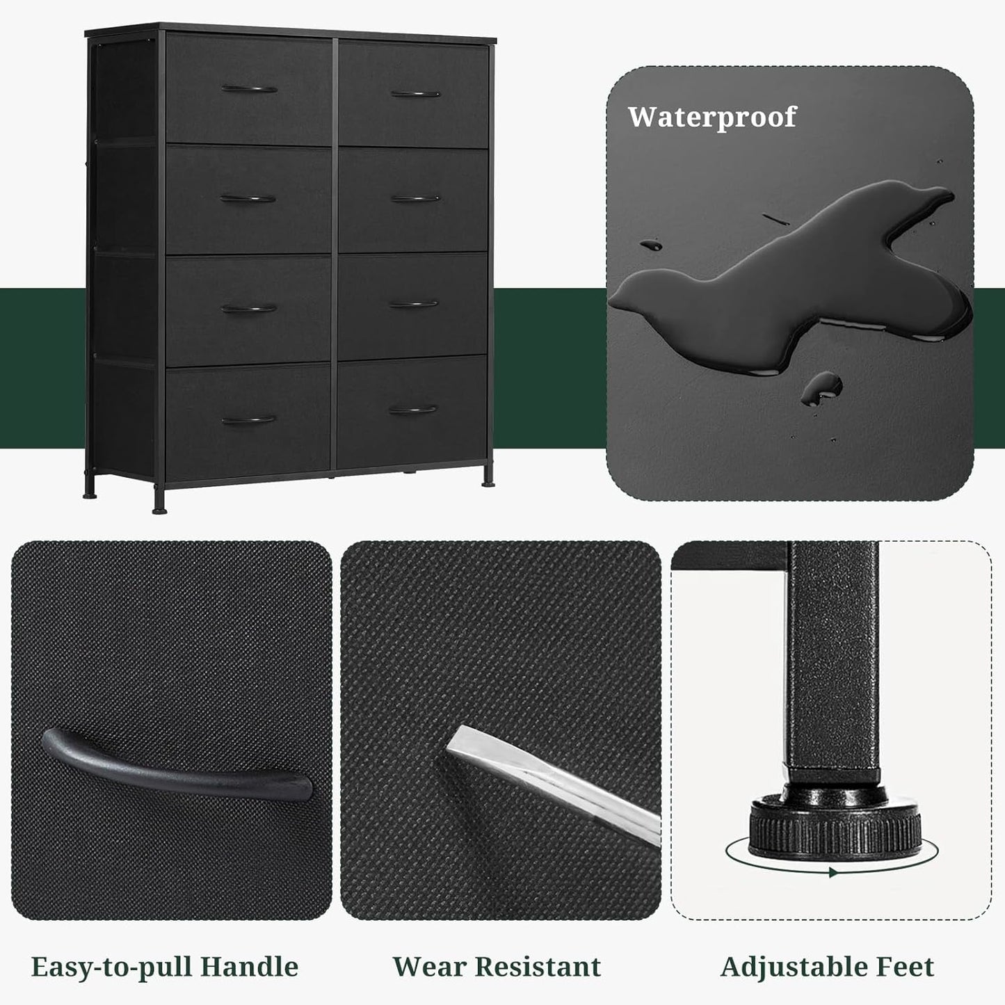 Regine Switzerland 8-Drawer Dresser - Anti-Tip Tall Storage Organizer with Wooden Top & Metal Frame | Black