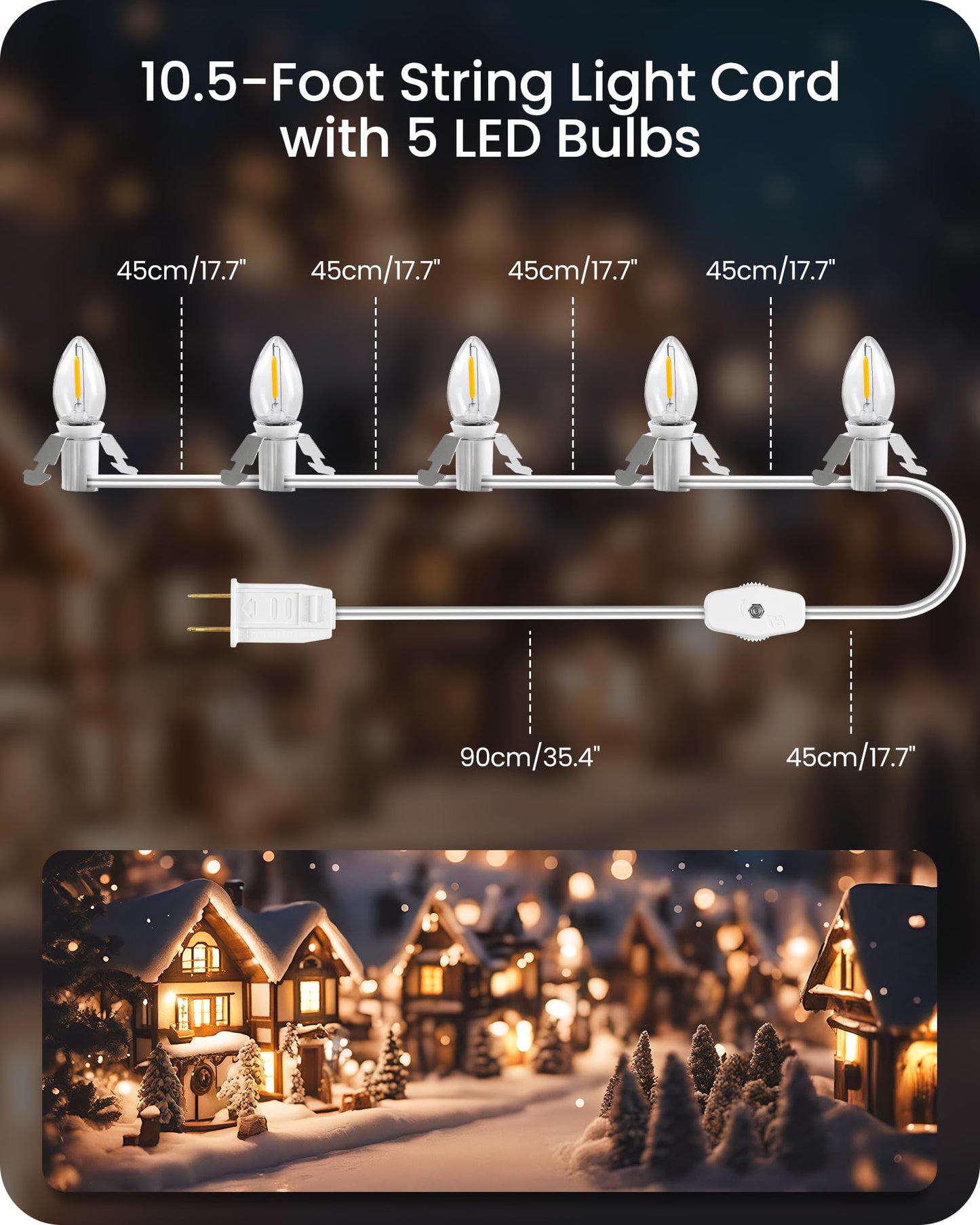 GOEBLESON Christmas Village Lights, 10.5FT String Lights with 5 C7 LED Bulbs, Warm White, Model W07VL05