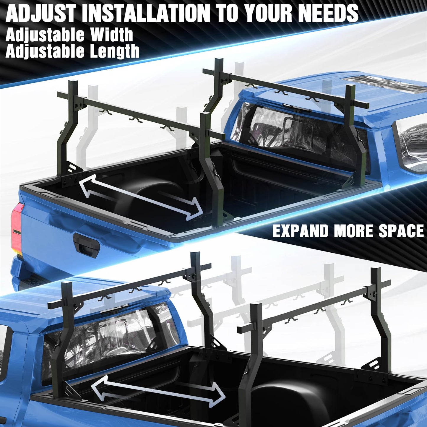 Ladder Rack for Truck Bed, Adjustable 46"-71" Width Heavy-Duty Truck Rack with E-Coating & Powder-Coated Finish, 1000LBS Capacity, No-Drilling Universal Fit for Kayaks Canoes Ladders Camping Gear