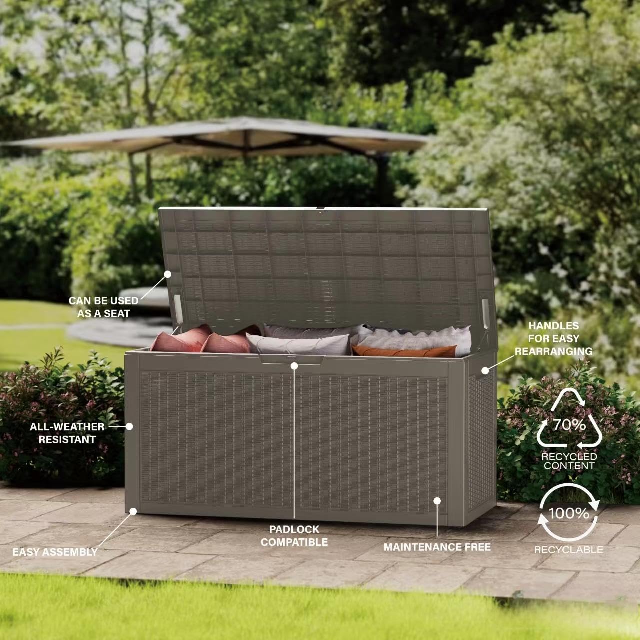 Decksplore Outdoor Storage Box Waterproof, 320 Gallon Lockable Resin Deck Box, Patio Storage Bin for Pool Accessories Cushion Furniture, Garden Tools, UV-Resistant Outside Delivery Grey