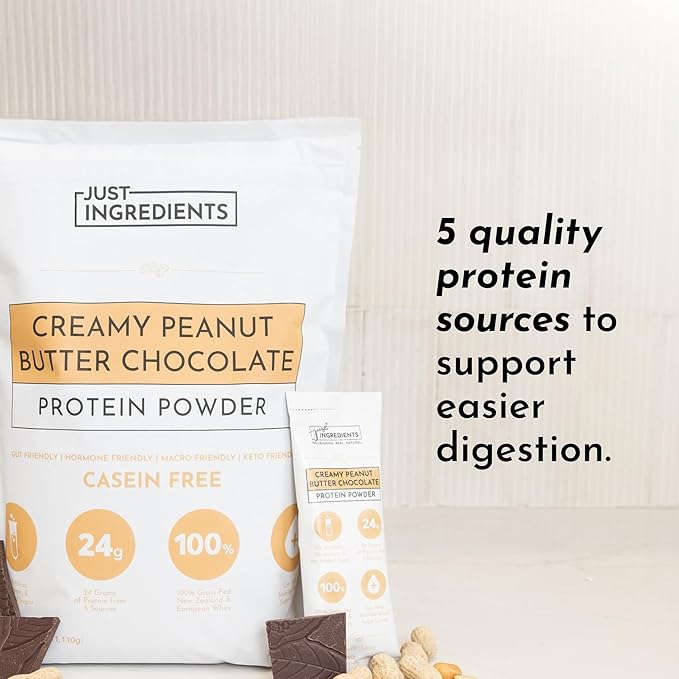 JUST INGREDIENTS Creamy Peanut Butter Chocolate Protein Powder ??30-ServingBlend with Grass-Fed Whey, Pea, Pumpkin Seed, Chia & Collagen ??No Sugar Added ??No Gums 24g Protein
