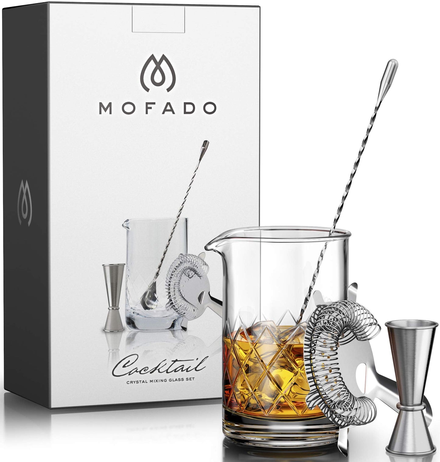 MOFADO. Premium Crystal Cocktail Mixing Glass Set - Bartender Tools/Bar Accessories - Thick Bottom Pitcher/Beaker,Jigger, Muddler, Spoon-4 piece (24 Oz)