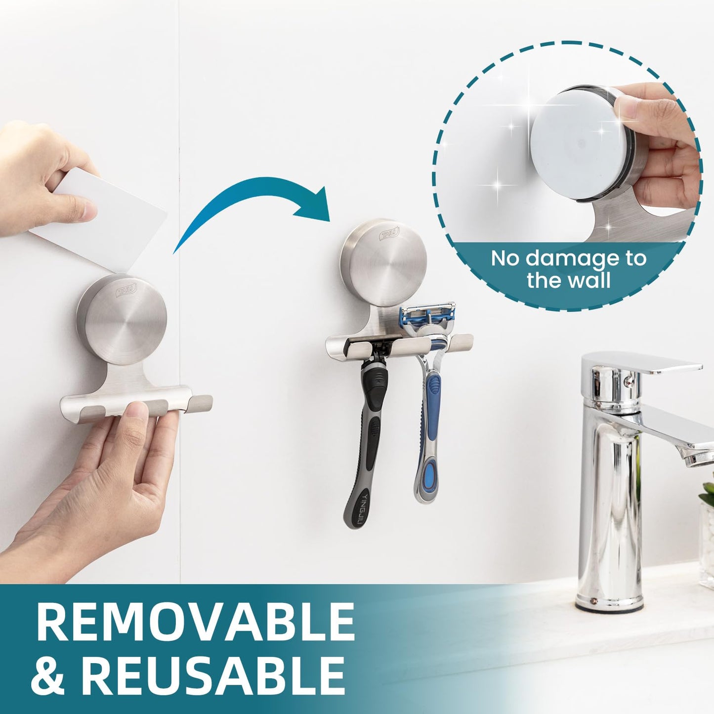 TAILI 2 Pack Powerful Suction Cup Razor Holder, 304 Stainless Steel Bathroom Suction Hooks for Towel, Loofah, Bathrobe, Stylish Shaver Holder for Shower Wall, Easy to Install and Reuse, Silver