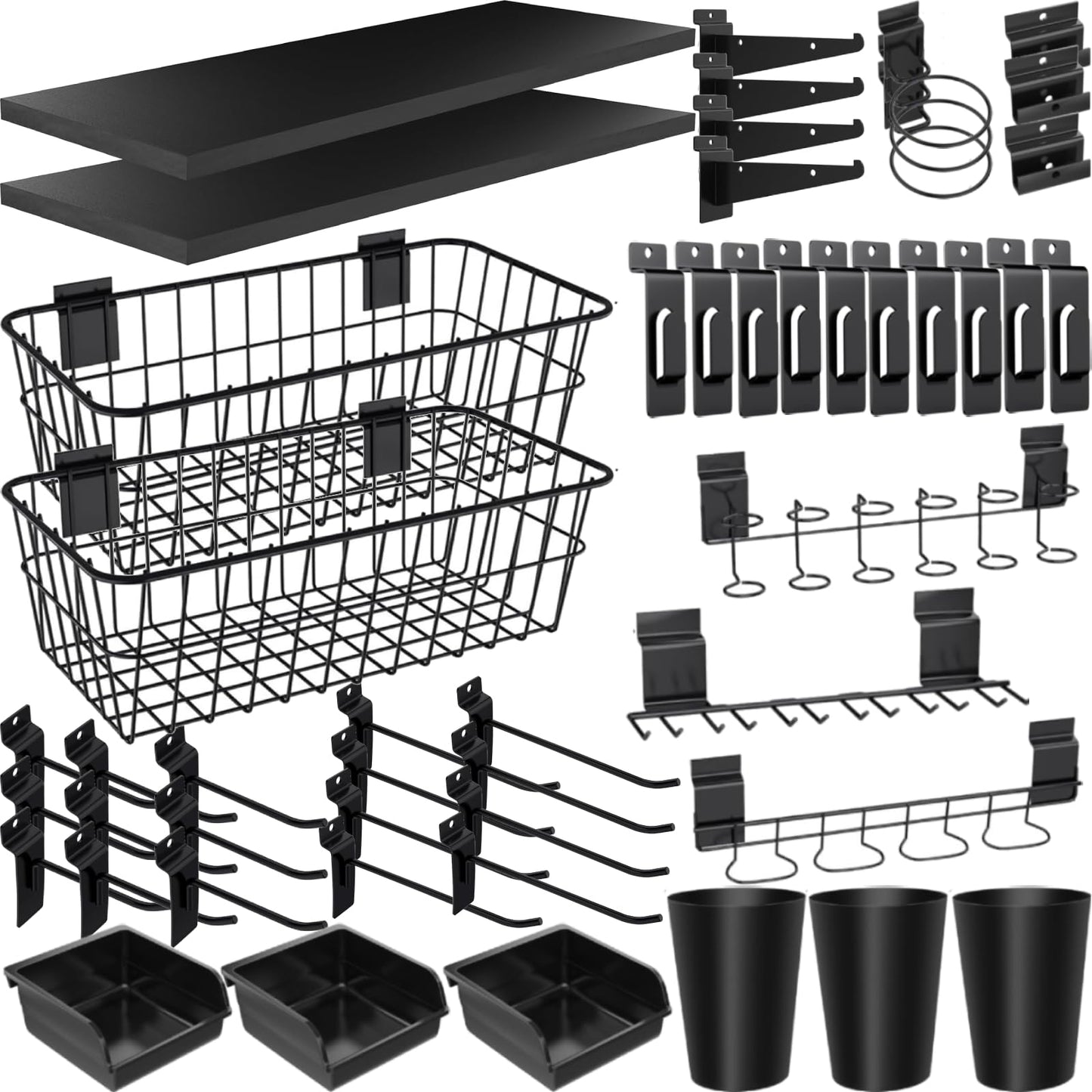 BeapTcely 43 Pc Slatwall Organizer Kit with Hooks, Shelves, Baskets, Bins, Cups, Screwdriver Holder for Tool Organization (Black)