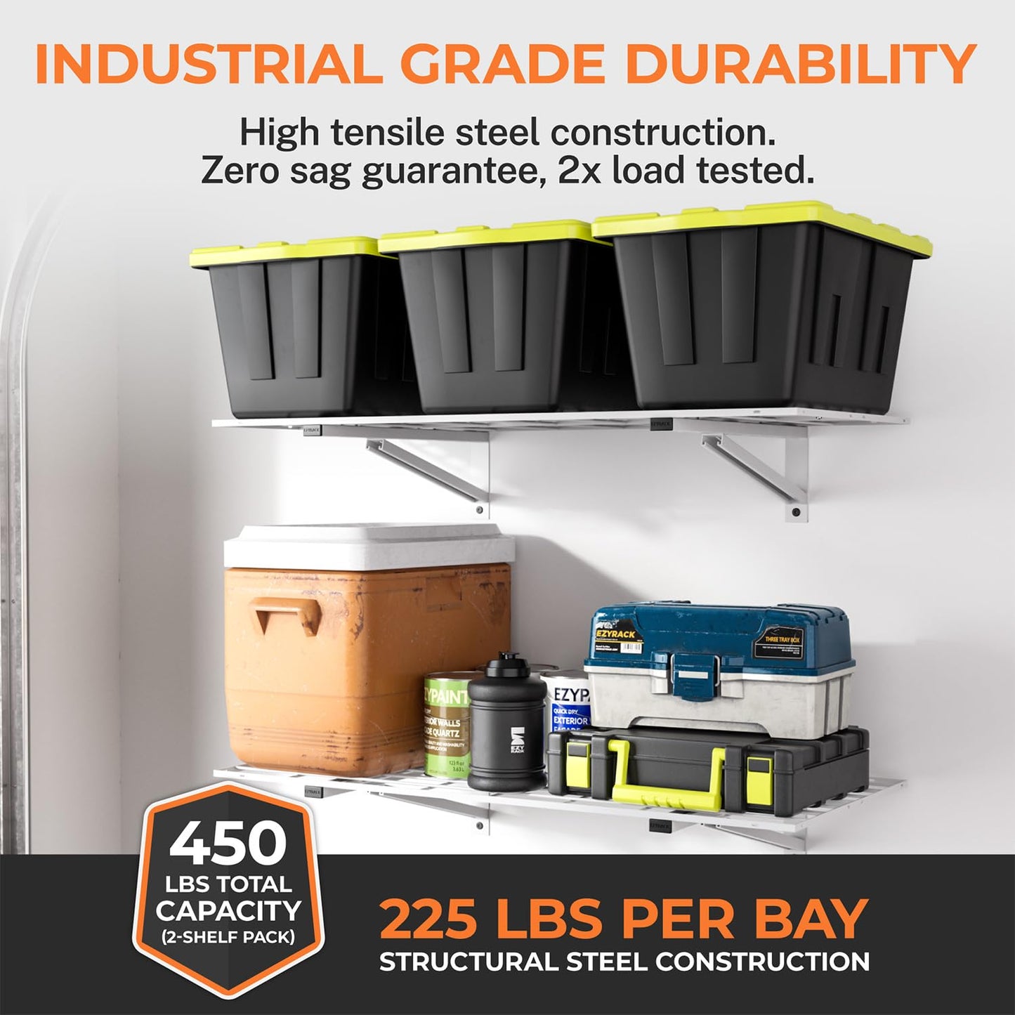 EZYRACK Heavy Duty Metal Wall Shelf, Modular Garage Storage Rack, 450 Lbs Capacity, Fits 16" or 24" Studs, Wall Mounted Floating Shelving Kit for Drywall, Wood & Concrete (Includes Hardware)