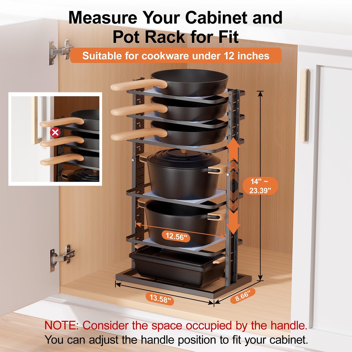LAMU Pots and Pans Organizer for under Cabinet, 6-Tier Heavy Duty Pan Pot Organizers inside Cabinet Adjustable 14 to 24.57", Pot Rack Kitchen Cabinet Organization and Storage Holds up to 12" Cookware