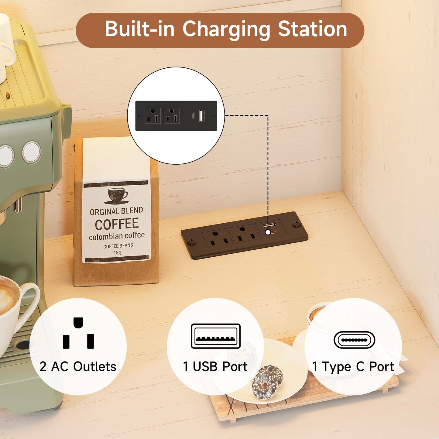 Tall Pantry Cabinet with Charging Station, Kitchen Pantry Storage Cabinet with LED Light & Microwave Stand, Kitchen Hutch with Storage Drawer & Door Shelf for Living Room, Dining Room, Off White