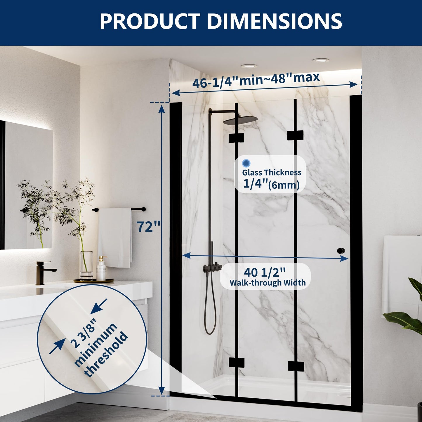 ComfyStyle Tri-Fold Frameless Shower Door 46-1/4''-48'' W x 72" H, Dual 180° Inward & Outward Tri-Fold Opening, 3-Panel Folding Shower Glass Door with 1/4" Clear SGCC Tempered Glass, Matte Black