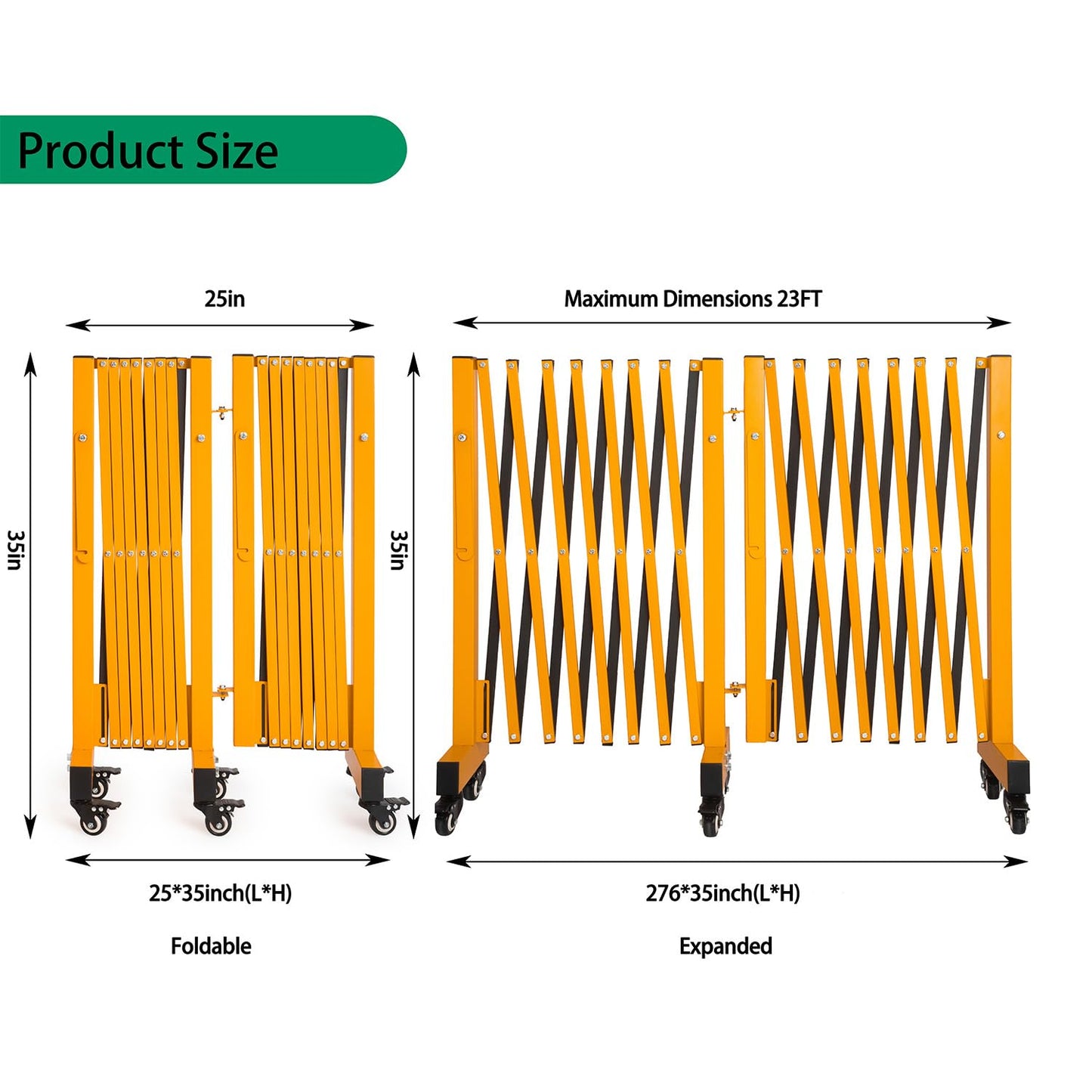 LTSEAME 23FT Industrial Expandable Barricade Folding Security Gate with Wheels,Retractable Driveway Gate with Aluminum Fence
