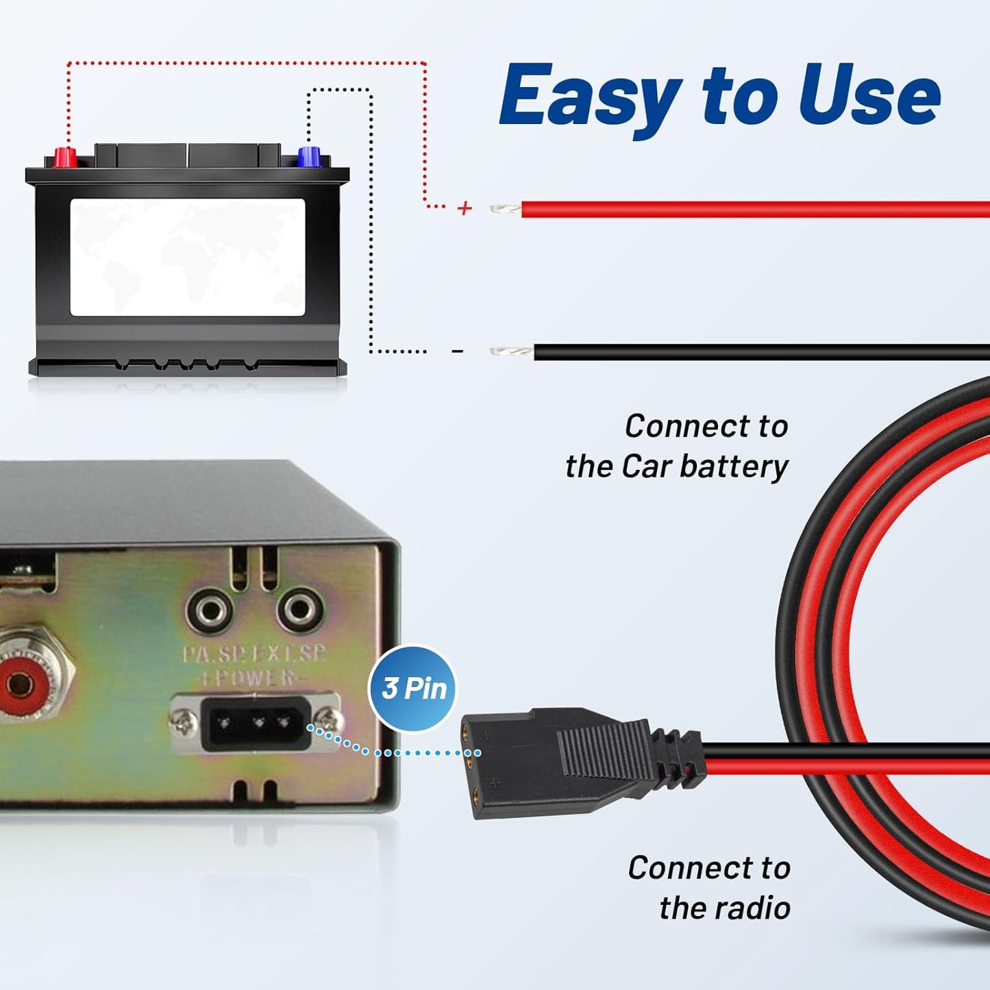3 16AWG with15A Anina CB Radio Power Cable Pin Heavy Duty Fuse Compatible with Cobra, Galaxy, Midland Direct to Car