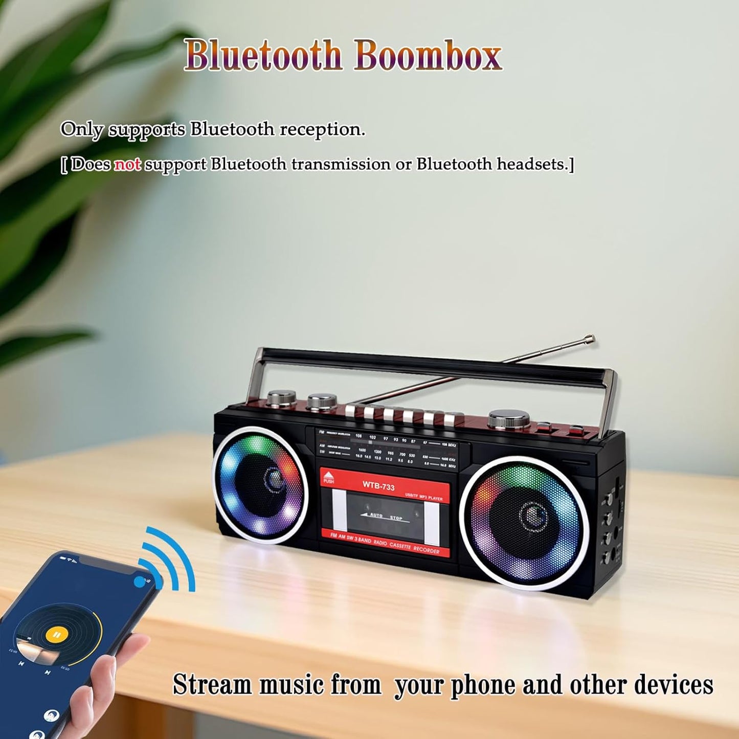 WISCENT 80's Cassette Retro Player Recorder with AM/FM/SW Radio, Bluetooth Boombox, USB, Built-in MIC for Voice