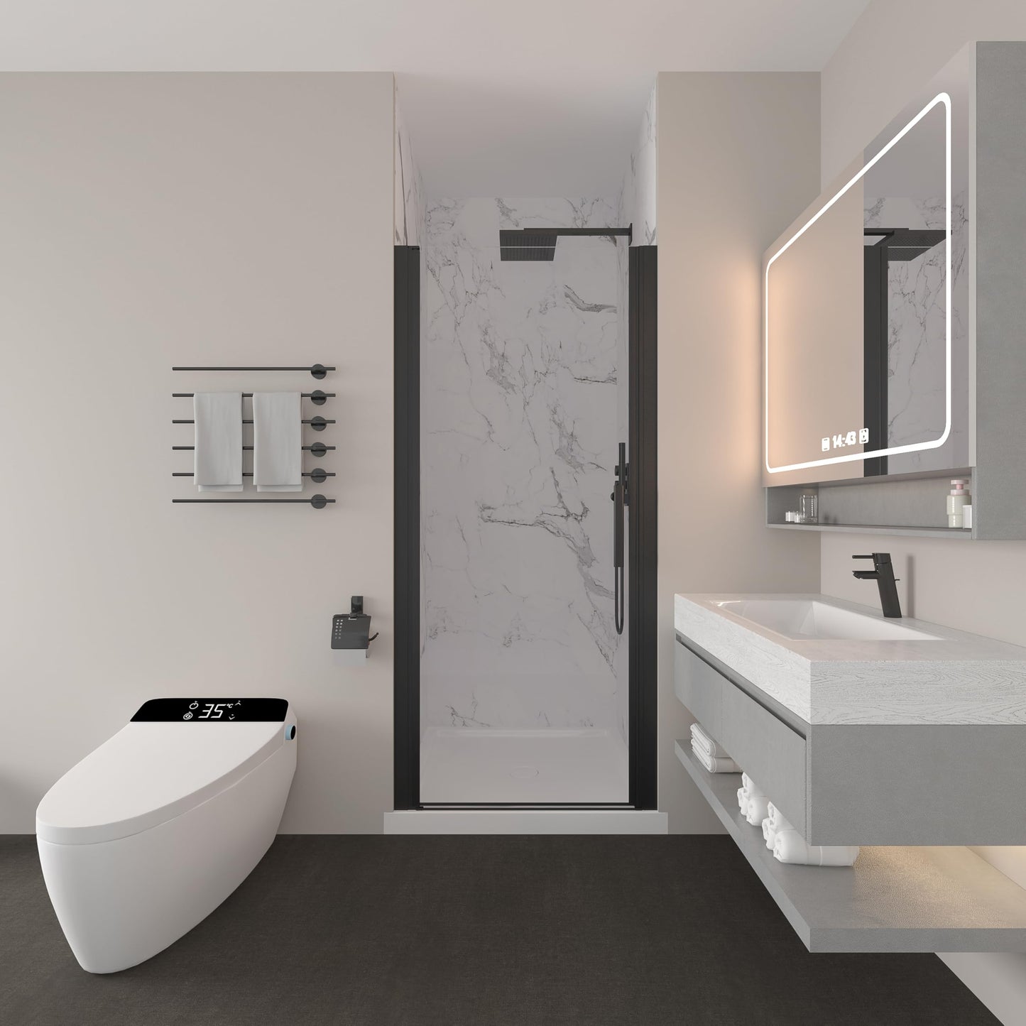 GDGZQD 27-29" W x 72" H Frameless Pivot Shower Door, 1/4" (6mm) Clear SGCC Tempered Glass Shower Door, Pivot Swing Shower Glass Door in Matte Black Finish, Reversible Installation