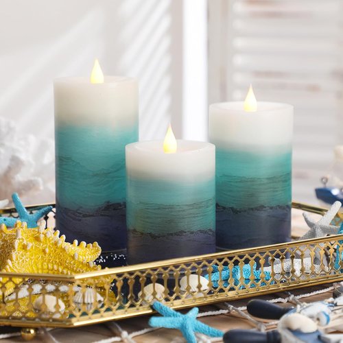 Baquler Flameless LED Ocean Gradient Pillar Candles - 3 Pcs Blue Teal Coastal Decor for Weddings & Parties